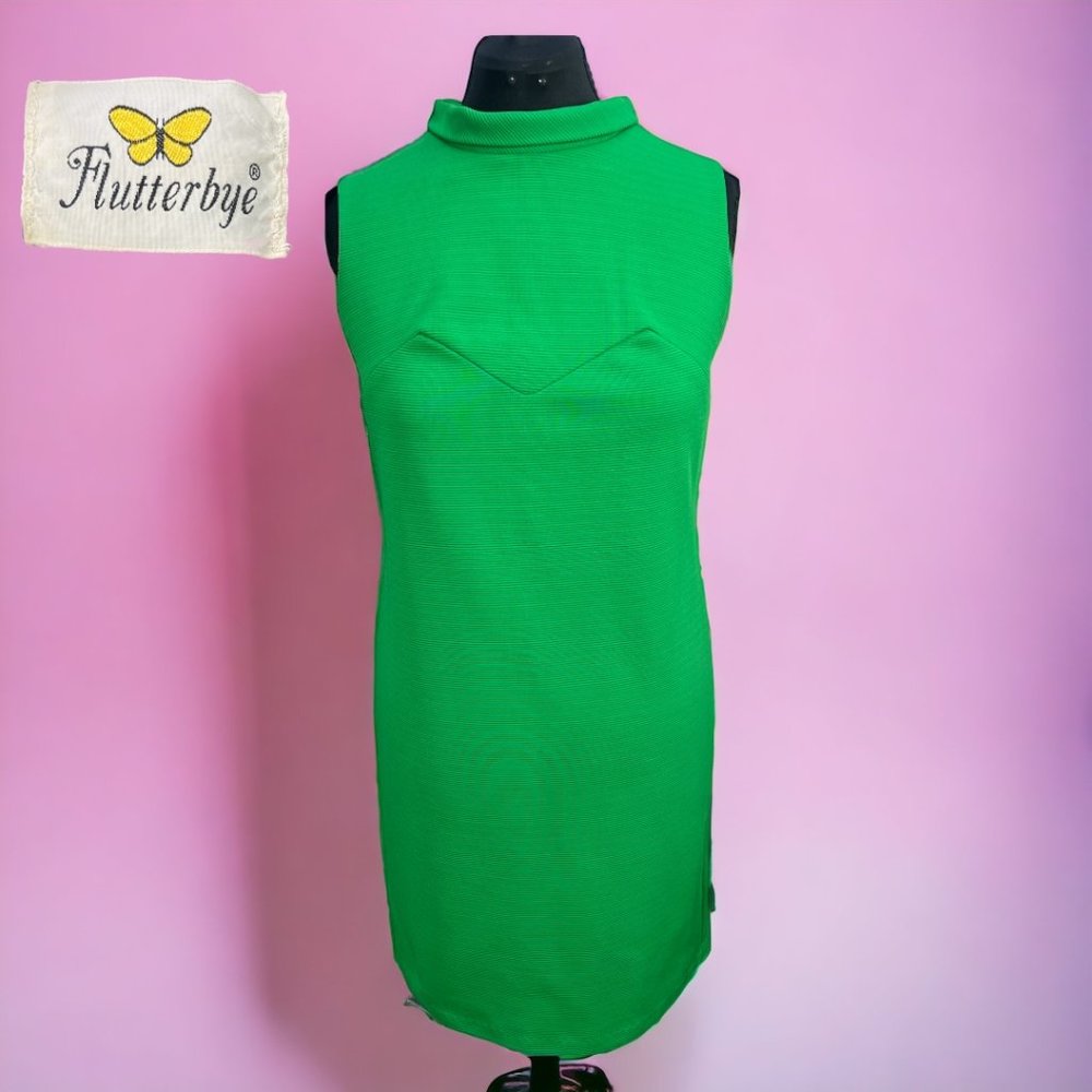 VTG 1960’s Green MOD Sleeveless Ribbed FLUTTERBYE Dress Vintage Sz 16